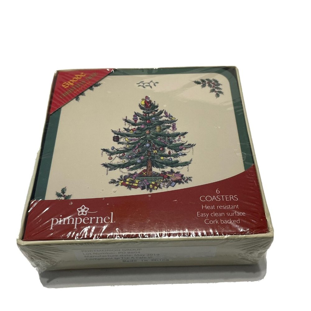 NEW Spode PIMPERNEL CHRISTMAS TREE (Set Of 6) Cork Back bar drink Coasters